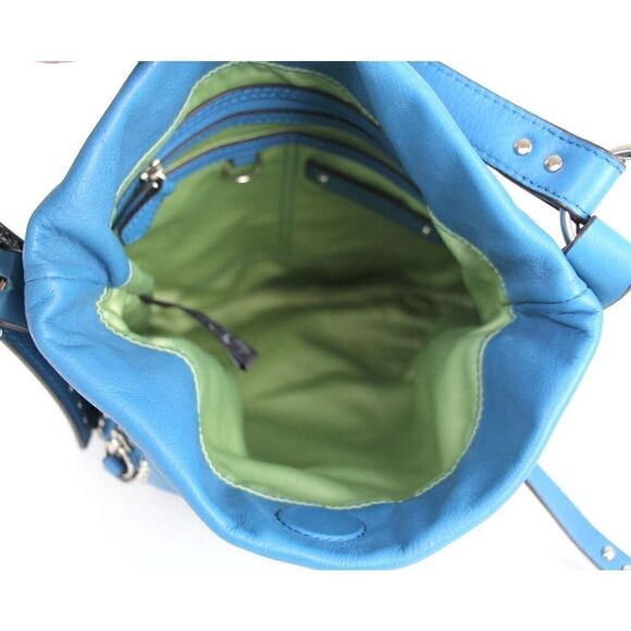 B.Makowsky BLUE GENUINE LEATHER STUDDED ZIP POCKET CROSSBODY SHOULDER BAG PURSE - Picture 10 of 16